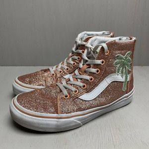 Vans Sk8 Hi Pink Glitter Palm Tree Zip Back High Top Sneaker Girls SZ 3